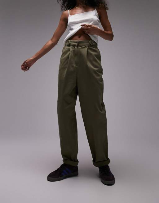 Topshop Curve high waist peg pants in khaki