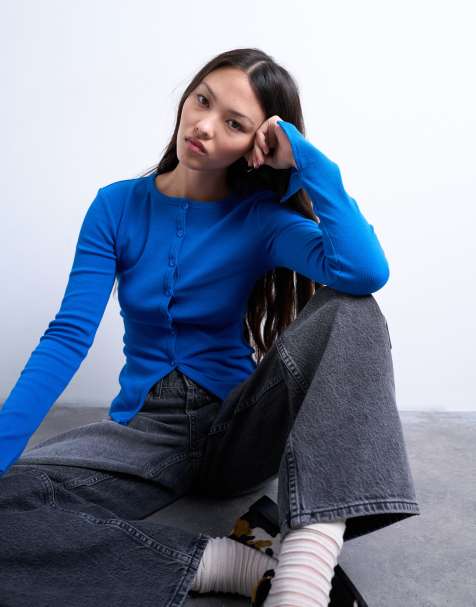 Topshop button through cardigan top in cobalt blue - view 1