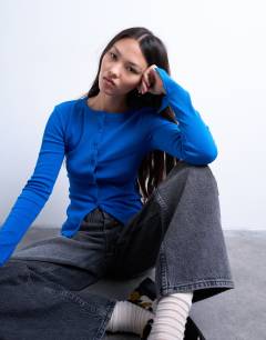 Button through cardigan top in cobalt blue