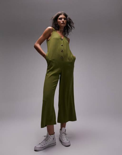 Topshop button through casual jumpsuit khaki