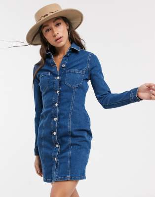 button through denim dress