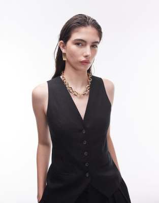 Topshop button through linen fitted vest in black - part of a set