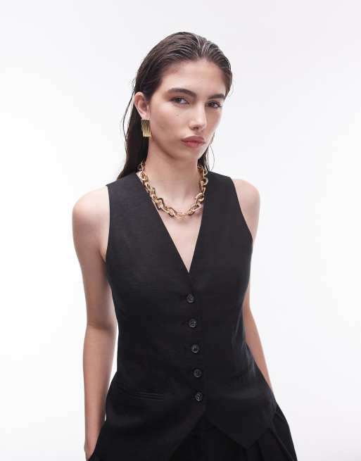 Topshop button through linen fitted waistcoat in black (part of a set)