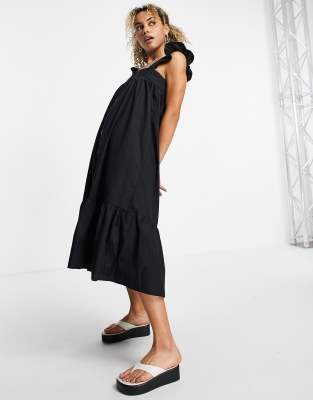 Topshop button through poplin midi in black