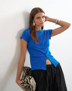 Button through short sleeve top in colbalt