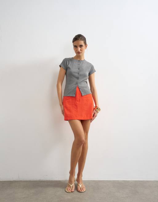 Topshop button through short sleeve top in dark grey, 3 of 4