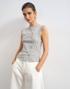 Model wearing Button through vest in grey marl