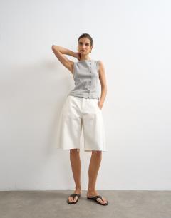 Model wearing Button through vest in grey marl