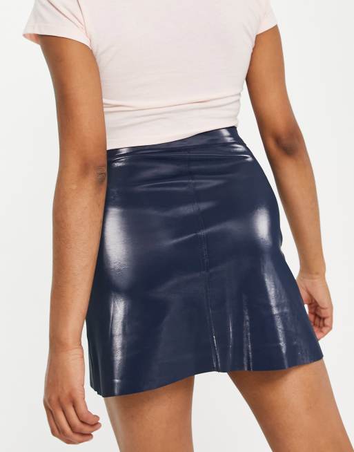 Topshop button through vinyl skirt in navy