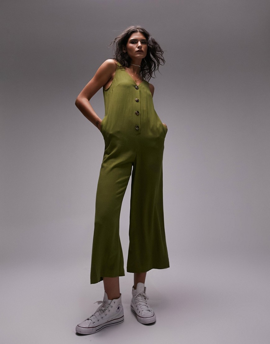 Topshop Button Up Casual Jumpsuit In Olive-green