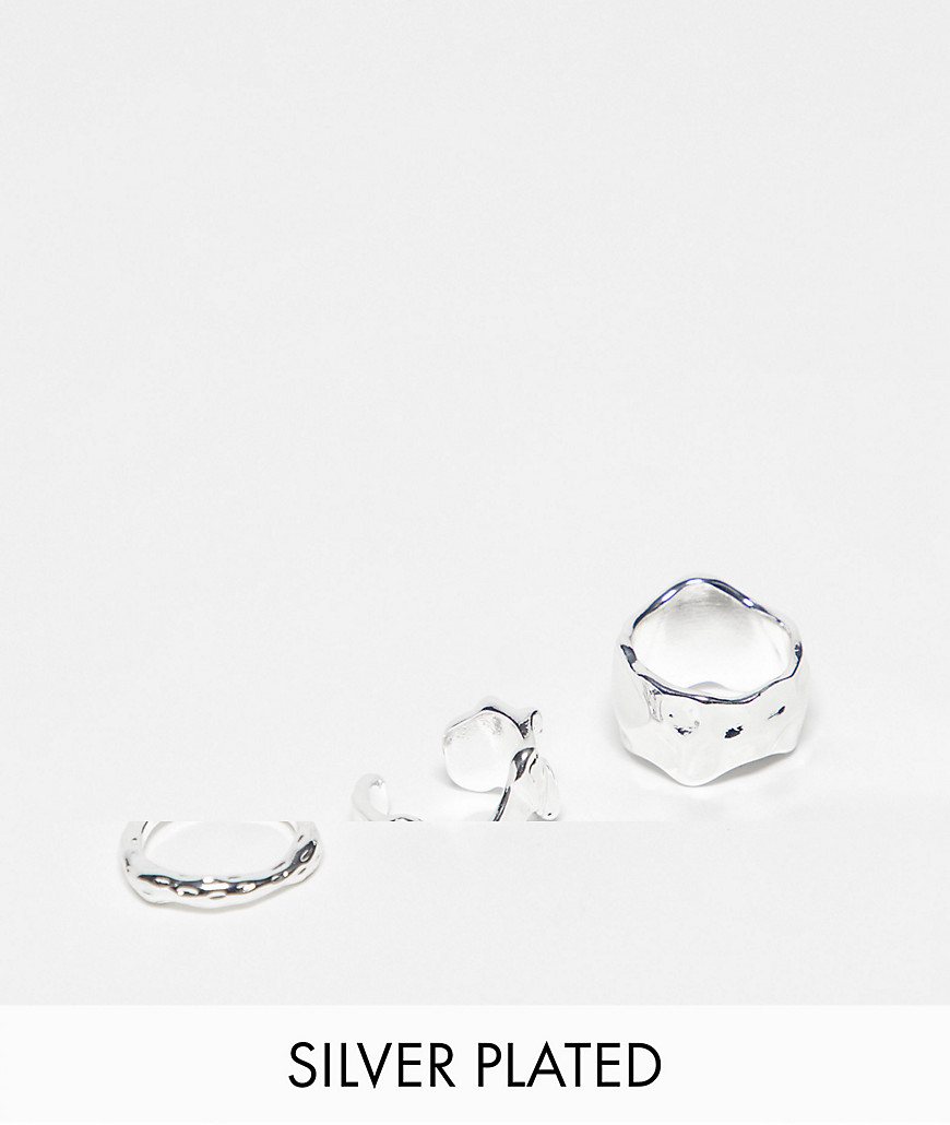 Topshop Byron Molten 3 Pack Ring Set In Silver Plated