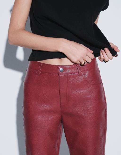 Topshop byxor i läderimitation med raka ben i cherry, 3 av 9