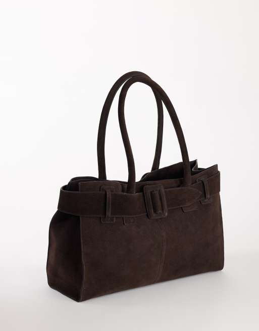 Topshop cabas en daim véritable avec détail ceinture couleur chocolat, 2 de 4
