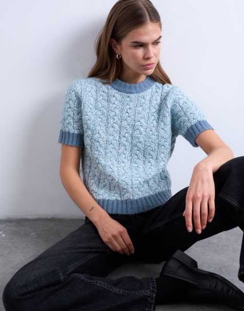Topshop cable knit detailing short sleeve top in light blue - view 1