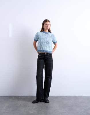 Topshop Cable Knit Detailing Short Sleeve Top In Blue