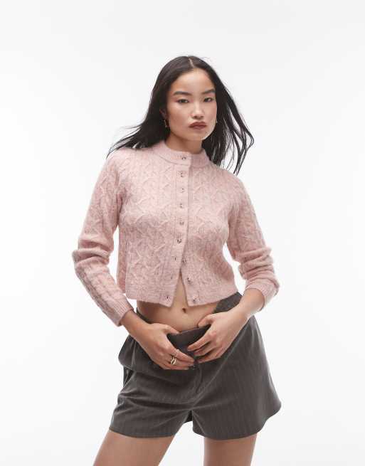 Topshop cable knit micro cardigan in light pink