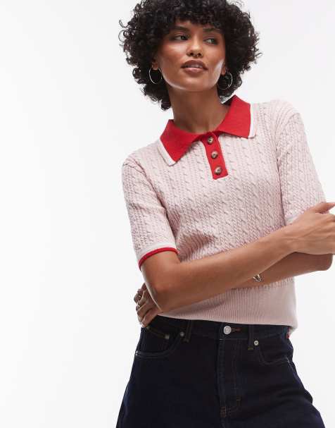 Topshop cable knit shrunken rugby top in pink and red - view 1