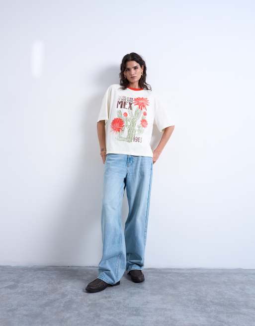Topshop cactus graphic contrast ringer oversized tee in ecru, 2 of 4