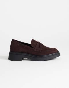 Model wearing Cade faux suede chunky sole loafer in chocolate