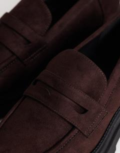Model wearing Cade faux suede chunky sole loafer in chocolate