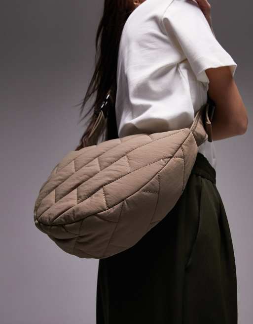 Topshop - Cairo - Borsa a tracolla extra larga in nylon color pietra trapuntata, 4 di 4