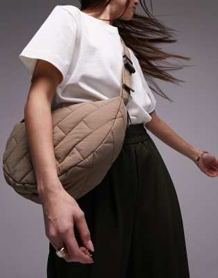 Topshop Cairo Slouchy Nylon Quilted Crossbody Bag In Stone-neutral