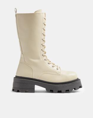 Topshop Calf Length Boots In Ecru-white