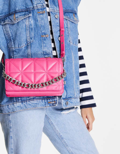 Topshop - Cali - Borsa a tracolla rosa acceso trapuntata con catenina, 3 di 4