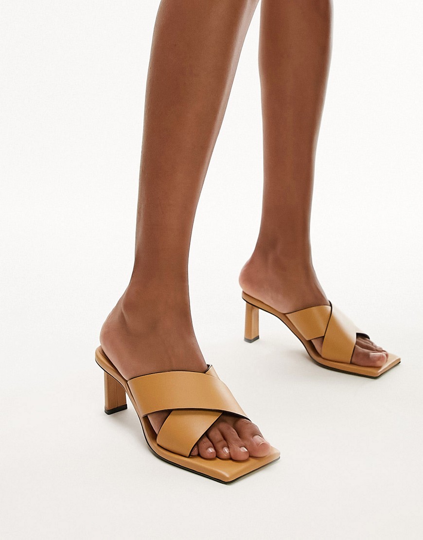 Topshop Cali Premium Leather Square Toe Heeled Mules In Camel-neutral