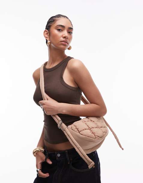 Topshop - Callie - Kamelbrun crossbody-taske med dyb buet kant og vatteringer i nylon - view 1
