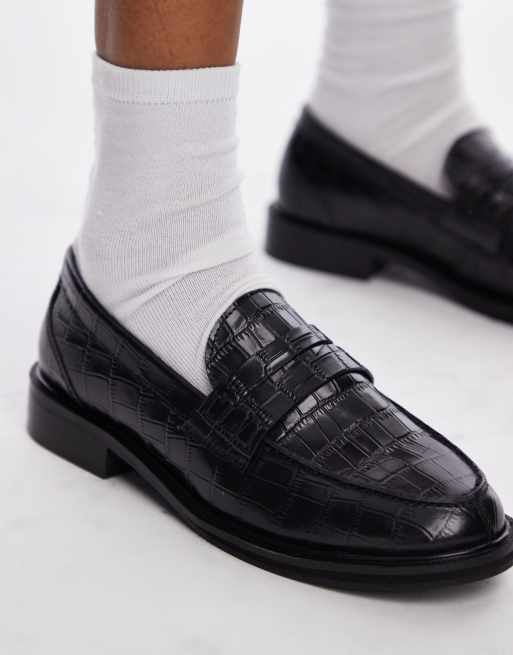 Topshop Callie leather loafers in Black croc