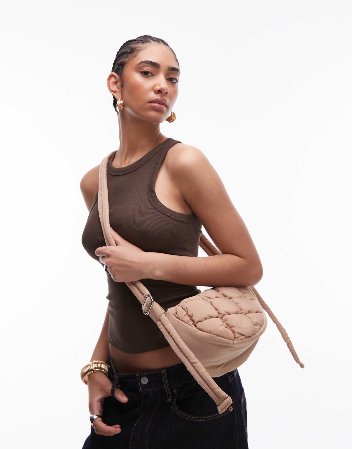 Topshop Callie scoop quilted nylon cross body bag in camel