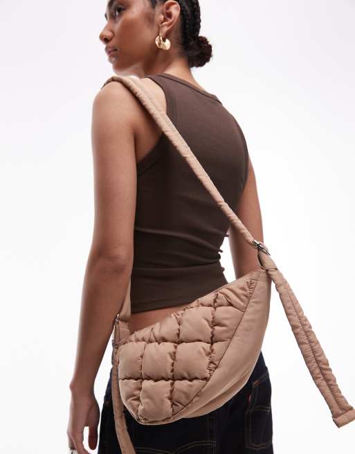 Topshop Callie scoop quilted nylon cross body bag in camel, 3 of 4