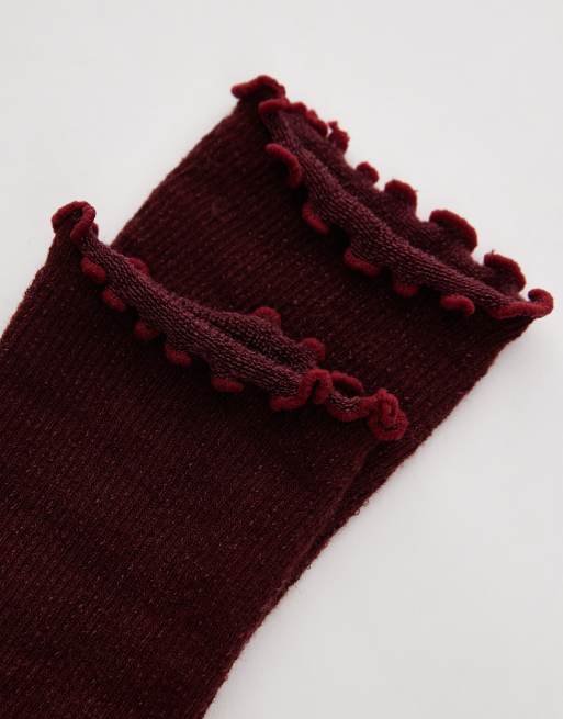 Topshop - Calzini a coste bordeaux con volant sul bordo, 2 di 4