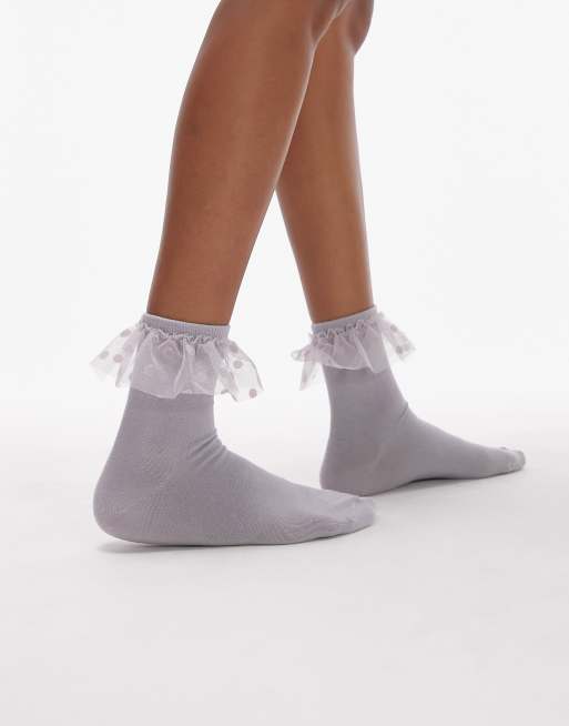 Topshop - Calzini grigi con volant in pizzo a pois