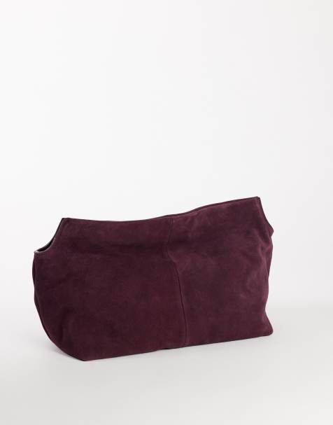 Topshop Cam oversized real leather clutch bag in plum - view 1