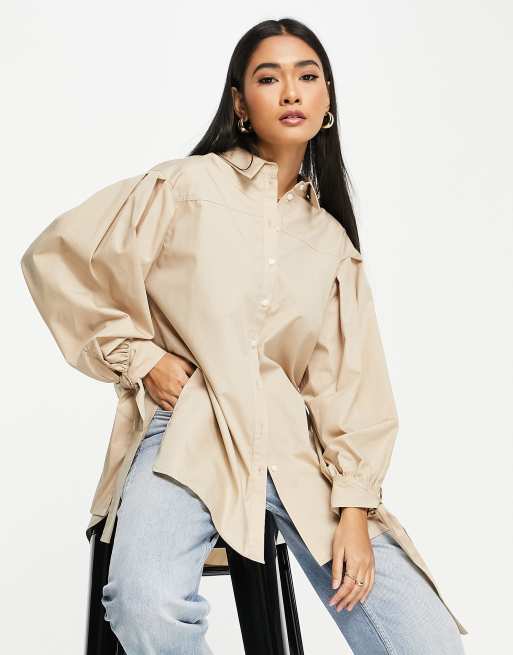 Topshop – Camelowa koszula oversize z wiązaniem z tyłu 