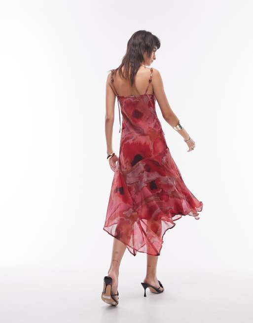 Topshop cami beaded strap midi slip dress in pink blurred floral print ASOS