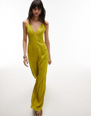 Topshop cami jacquard jumpsuit in chartreuse