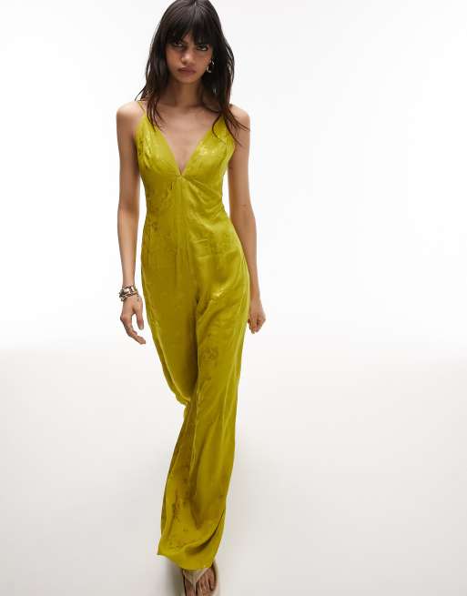 Topshop cami jacquard jumpsuit in chartreuse | ASOS