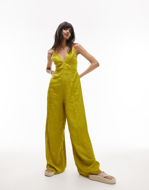 Topshop cami jacquard jumpsuit in chartreuse | ASOS