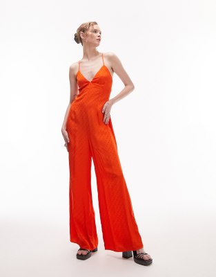 Topshop Cami Jacquard Jumpsuit In Red In Red