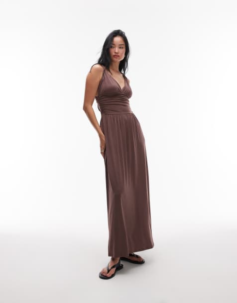 Topshop - Cami maxi jurk met gerimpelde taille in chocoladebruin - view 1