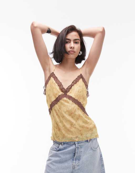 Topshop - Cami met bloemenprint en kant in geel