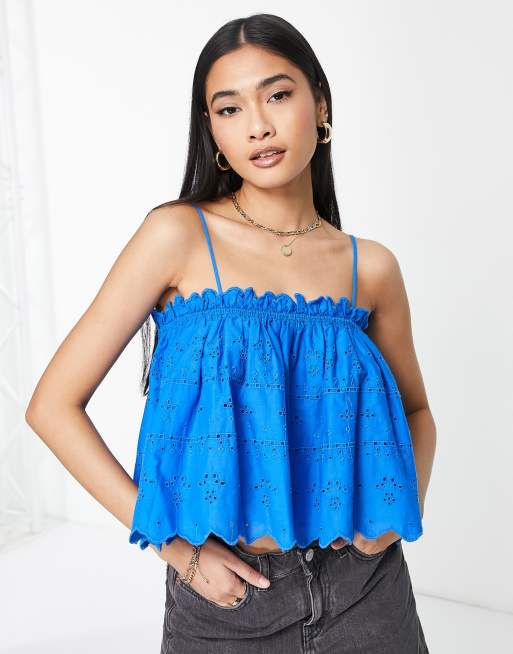 Topshop - Cami met broderie in kobaltblauw