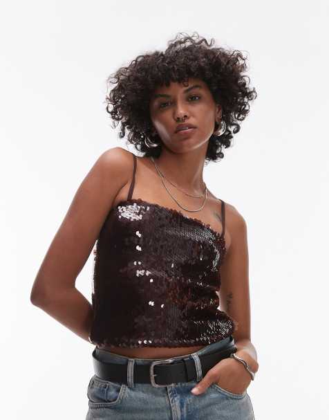 Topshop - Cami met lovertjes in bruin - view 1