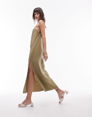 Topshop Cami Midi Dress In Khaki-green