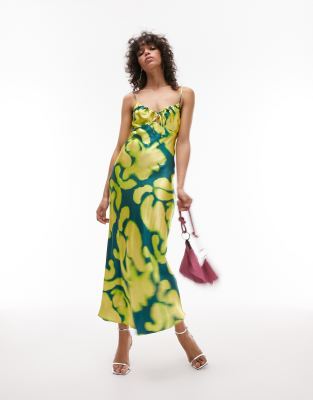 Topshop cami midi slip dress in green and yellow print