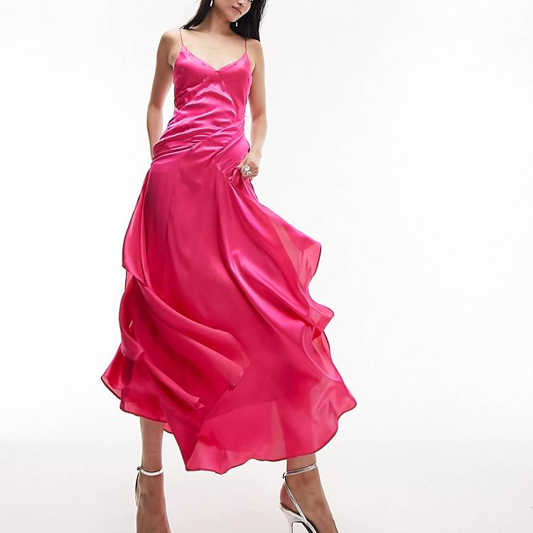 Topshop cami satin midi dress in bright pink | ASOS