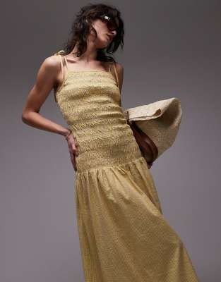 Topshop Cami shirred midi dress in yellow check